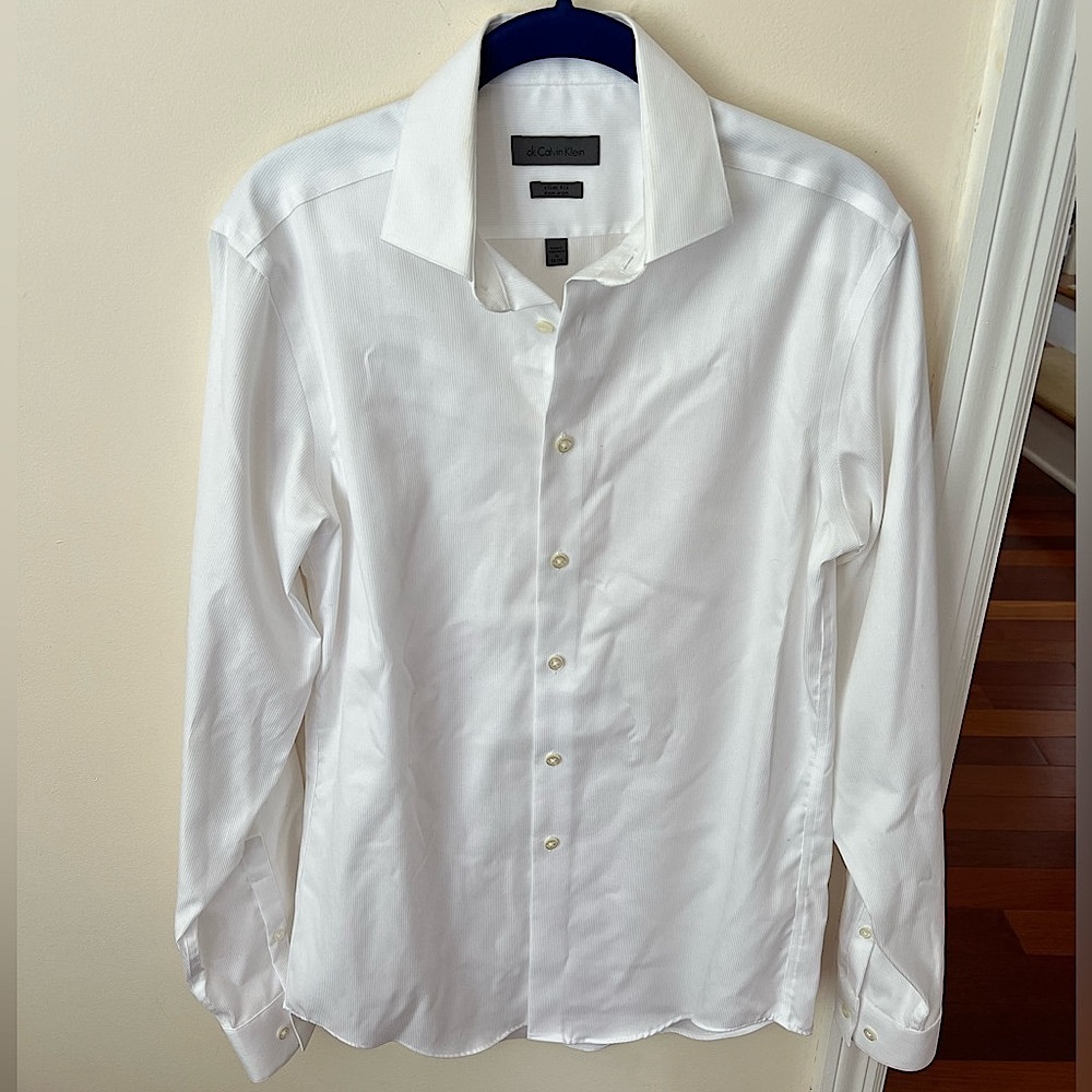 Men’s White Striped Calvin Klein Slim Fit Non Iron Button Down Dress Shirt